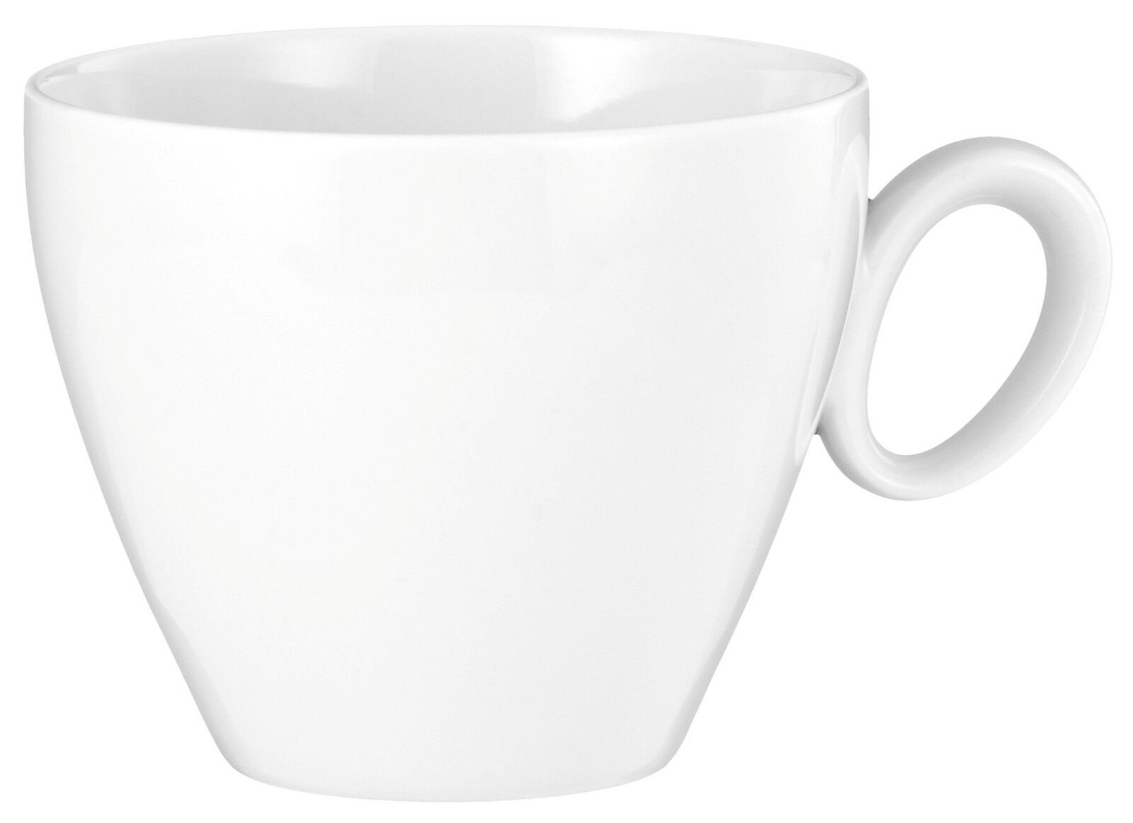 Weiße Kaffeetasse mit Henkel, seitliche Perspektive