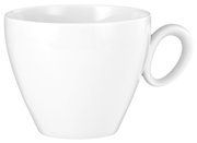 Weiße Kaffeetasse mit Henkel, seitliche Perspektive