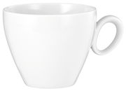 Weiße Kaffeetasse mit Henkel, seitliche Perspektive