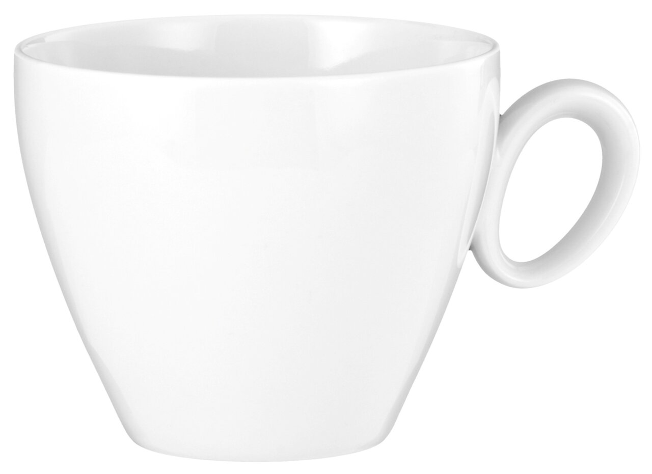 Weiße Kaffeetasse mit Henkel, seitliche Perspektive
