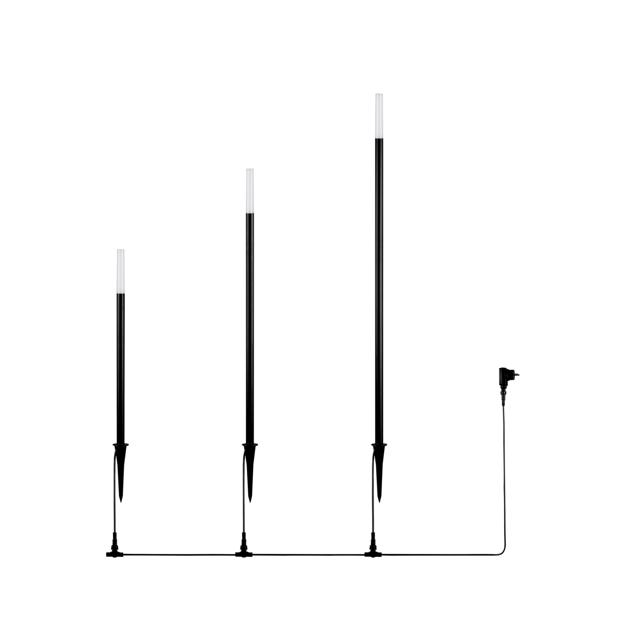 3er-Set LED-Gartenleuchten in unterschiedlicher Höhe, seitliche Ansicht