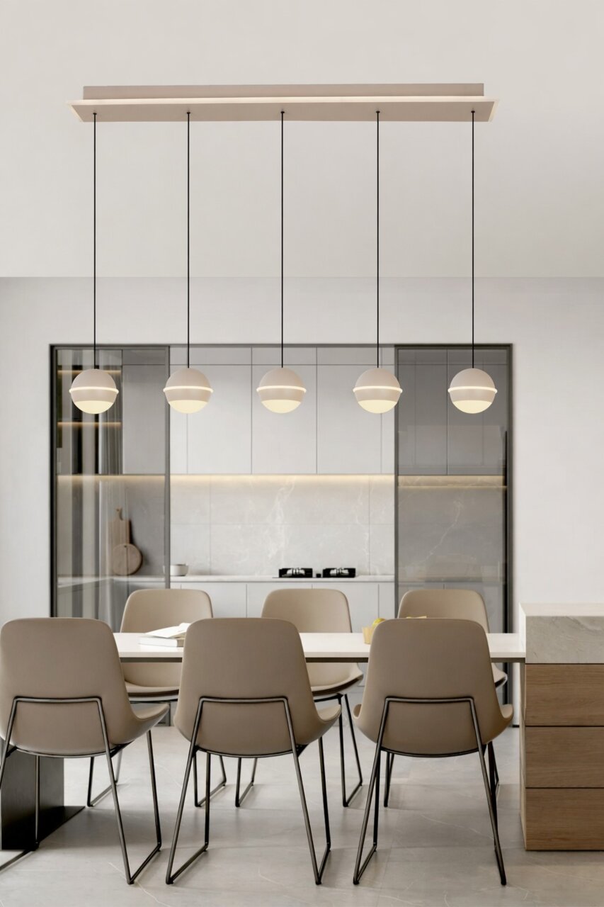 Moderne led-hanglamp boven een eettafel, zijaanzicht