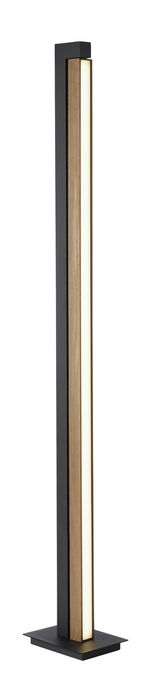 Moderne Stehleuchte PURE-LINES mit schlankem, rechteckigem Design in Holzoptik und schwarzem Rahmen, seitliche Perspektive.