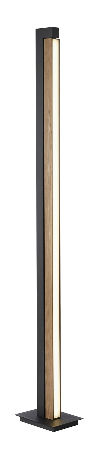 Moderne Stehleuchte PURE-LINES mit schlankem, rechteckigem Design in Holzoptik und schwarzem Rahmen, seitliche Perspektive.