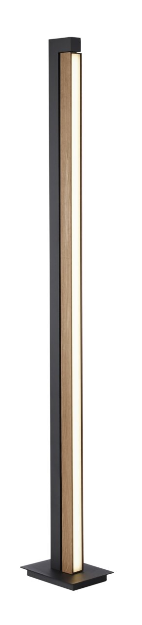 Moderne Stehleuchte PURE-LINES mit schlankem, rechteckigem Design in Holzoptik und schwarzem Rahmen, seitliche Perspektive.