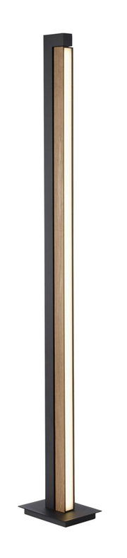 Moderne staande lamp PURE-LINES met een slank, rechthoekig ontwerp in houtlook en een zwart frame, gezien vanaf de zijkant.