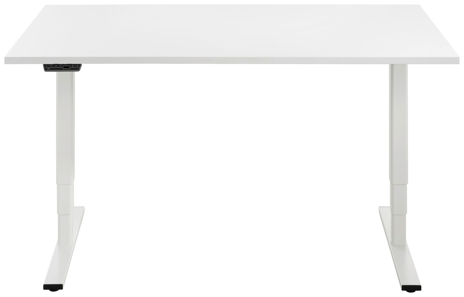 Weißer E-Schreibtisch aus der Frontalansicht mit höhenverstellbaren Beinen.