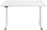 Weißer E-Schreibtisch aus der Frontalansicht mit höhenverstellbaren Beinen.