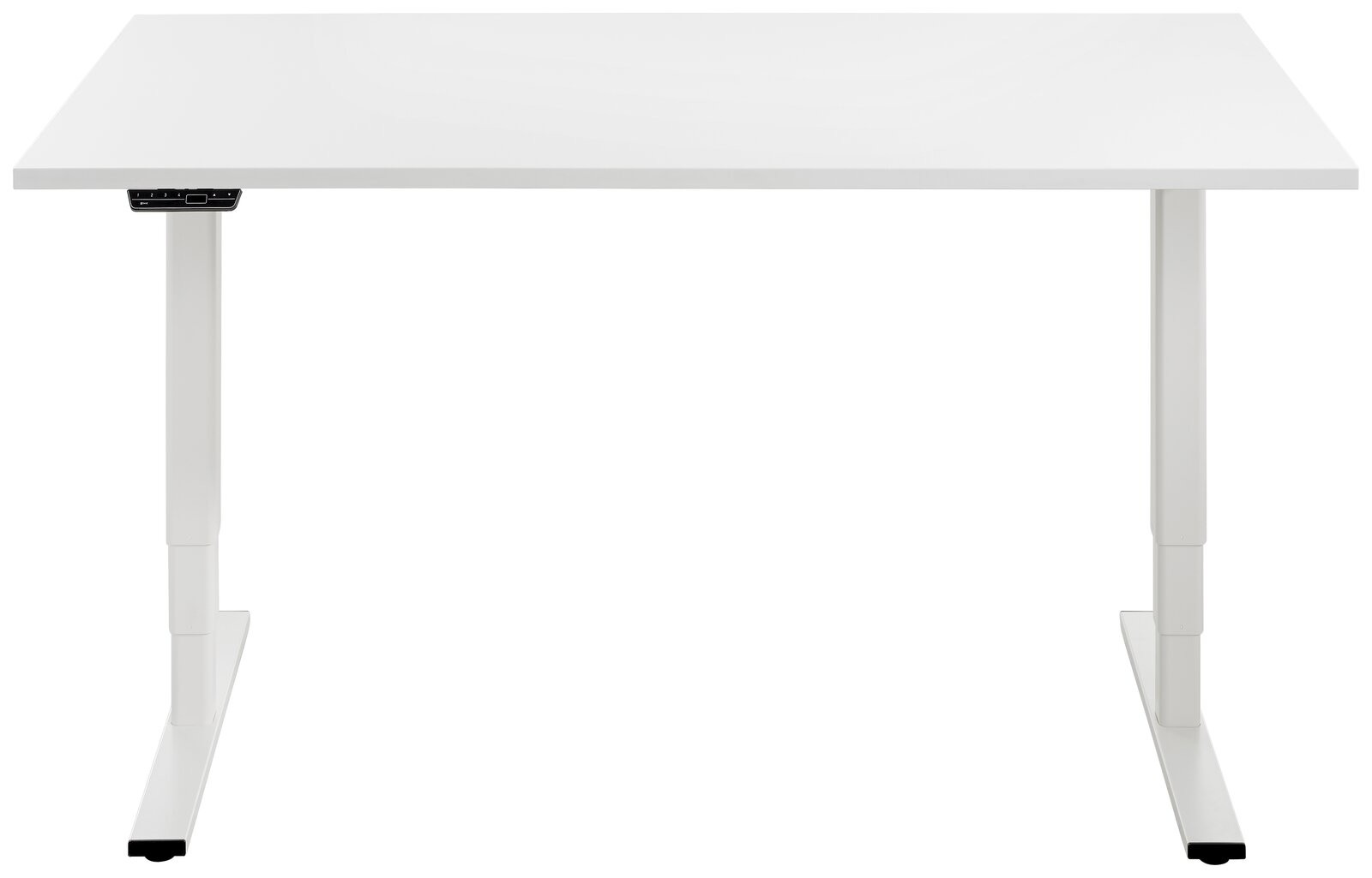 Weißer E-Schreibtisch aus der Frontalansicht mit höhenverstellbaren Beinen.