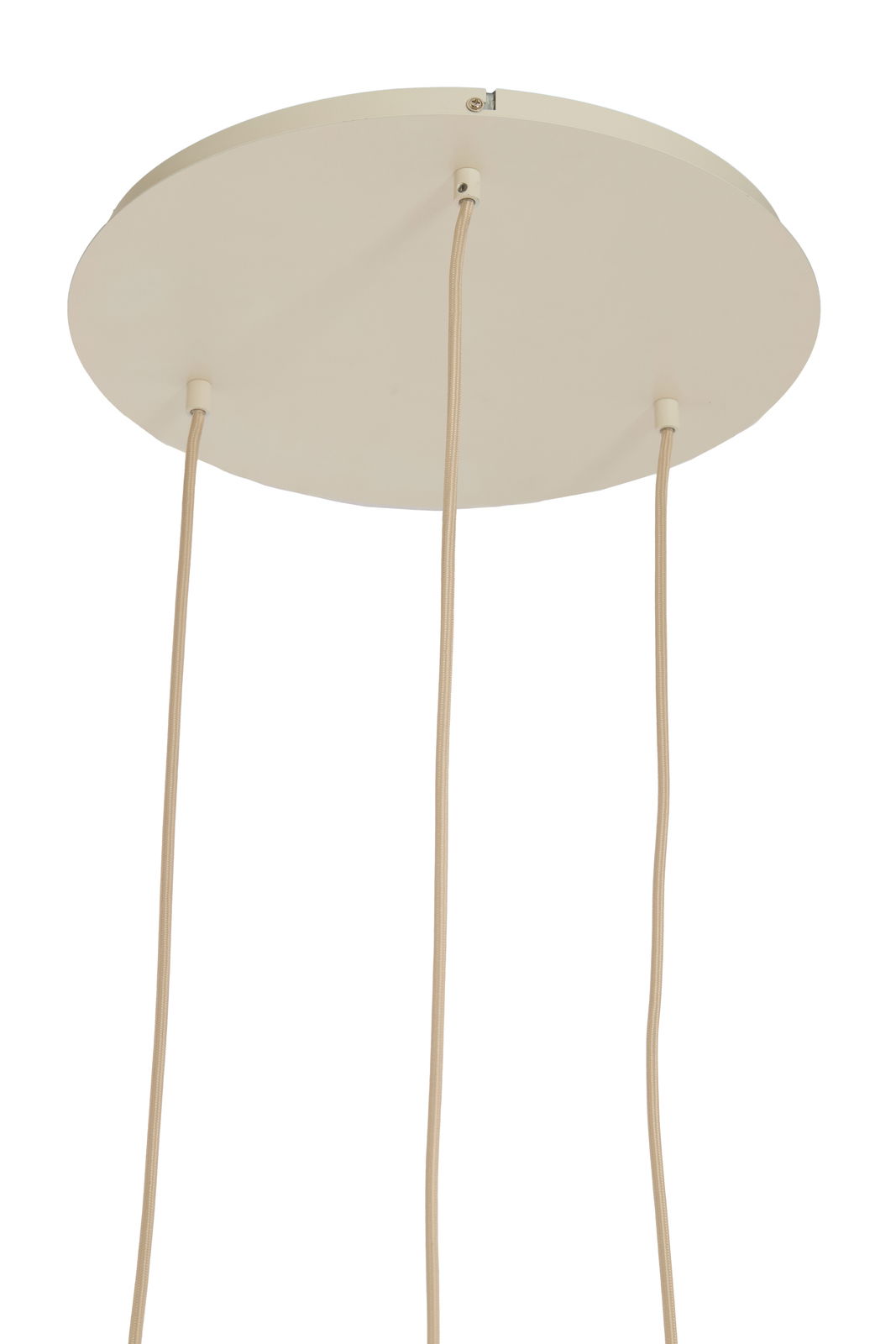 Ansicht von unten auf eine runde, cremefarbene Deckenplatte mit drei herabhängenden Kabeln einer Hängeleuchte.