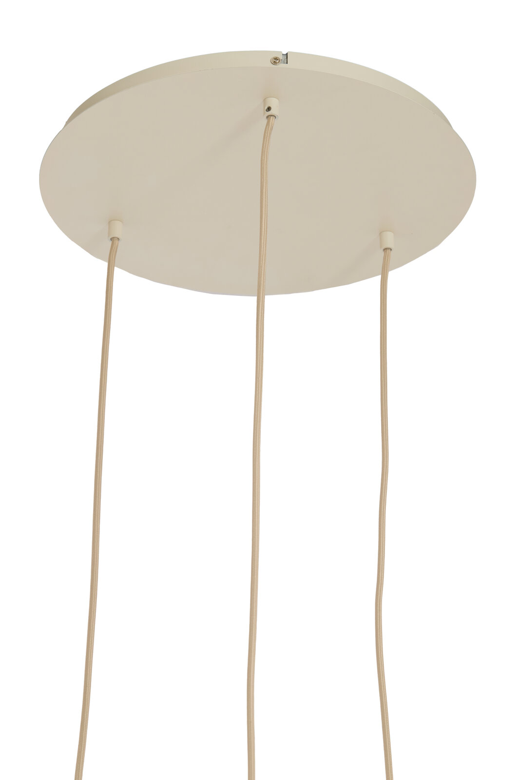 Ansicht von unten auf eine runde, cremefarbene Deckenplatte mit drei herabhängenden Kabeln einer Hängeleuchte.