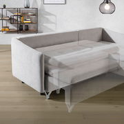 Graue Rundecke mit ausziehbarer Schlafmöglichkeit, seitliche Perspektive