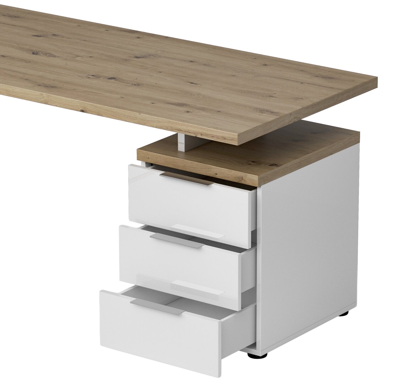Modern bureau met houten blad en witte lades, zijaanzicht