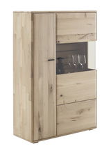 Hochwertiges Highboard aus hellem Holz mit Glaseinsatz, seitliche Perspektive