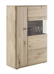 Hochwertiges Highboard aus hellem Holz mit Glaseinsatz, seitliche Perspektive