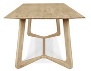 Moderne houten eettafel met uniek onderstel, vooraanzicht