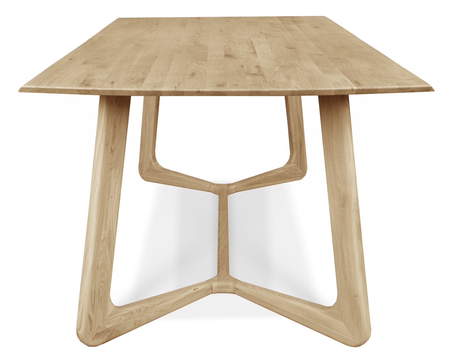 Moderner Esstisch aus Holz mit einzigartigem Untergestell, Frontalansicht