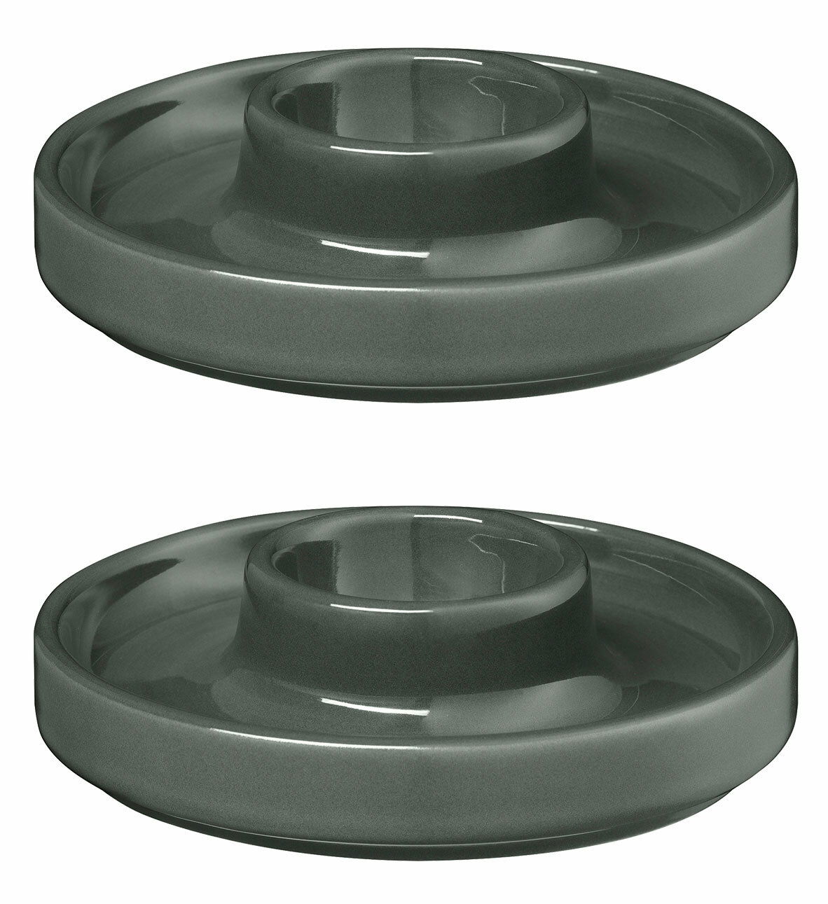 Zwei grüne Eierbecher aus Keramik, von oben betrachtet, mit einem schlichten und modernen Design.