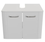 Weißer Waschbeckenunterschrank mit zwei Türen und silbernen Griffen, Frontalansicht