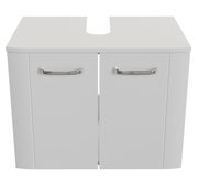 Weißer Waschbeckenunterschrank mit zwei Türen und silbernen Griffen, Frontalansicht