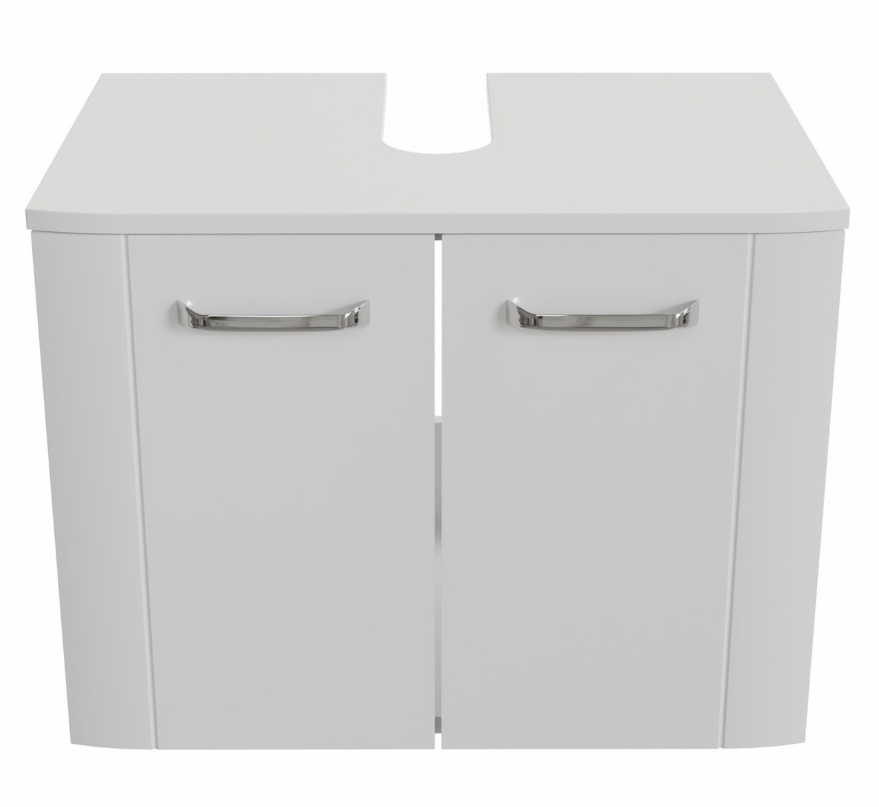 XORA Waschbeckenunterschrank 2-trg. SERIE 3006 Weißer Waschbeckenunterschrank mit zwei Türen und silbernen Griffen, Frontalansicht