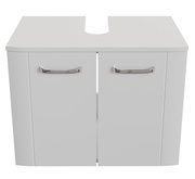 Weißer Waschbeckenunterschrank mit zwei Türen und silbernen Griffen, Frontalansicht