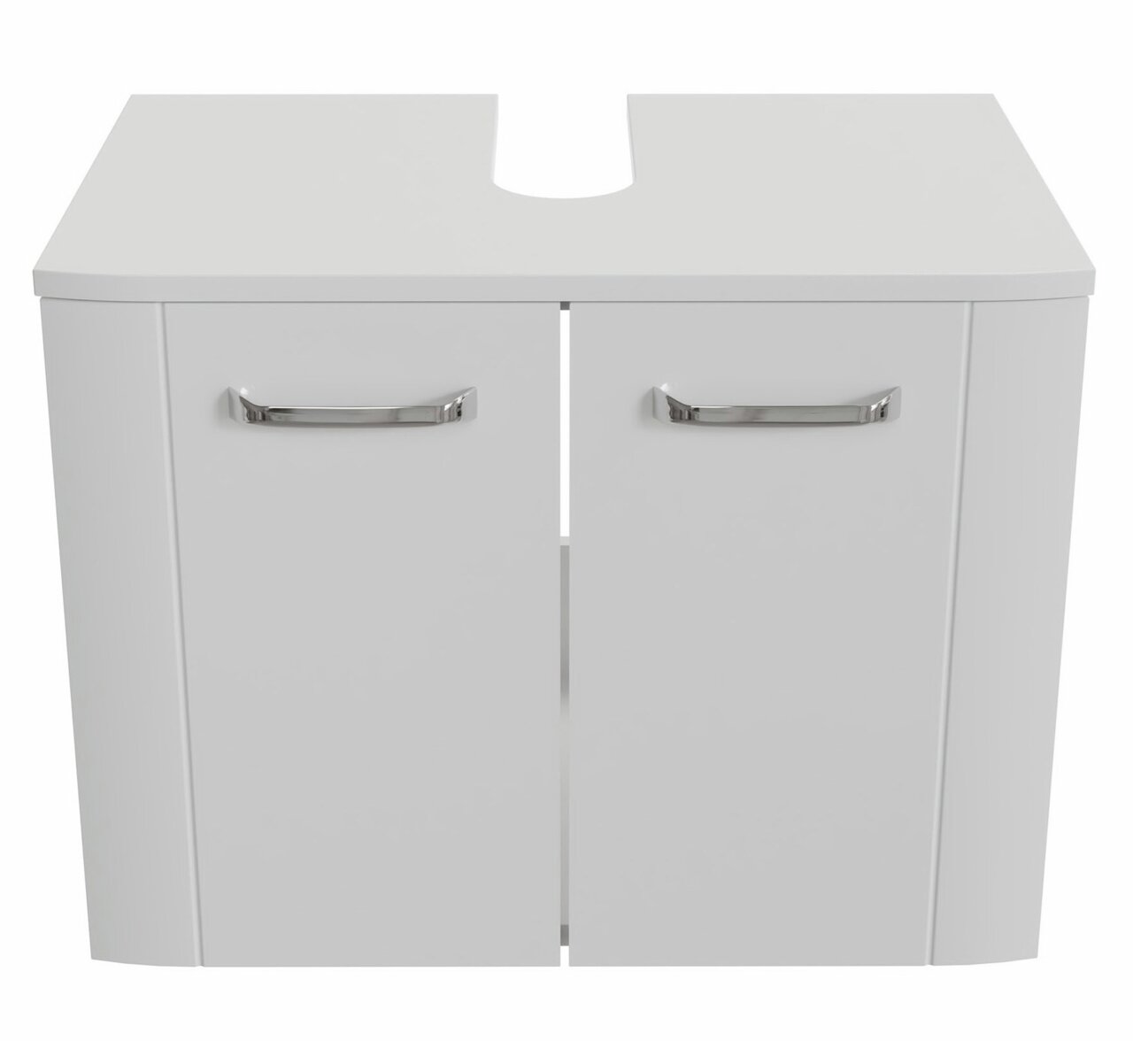 XORA Waschbeckenunterschrank 2-trg. SERIE 3006 Weißer Waschbeckenunterschrank mit zwei Türen und silbernen Griffen, Frontalansicht