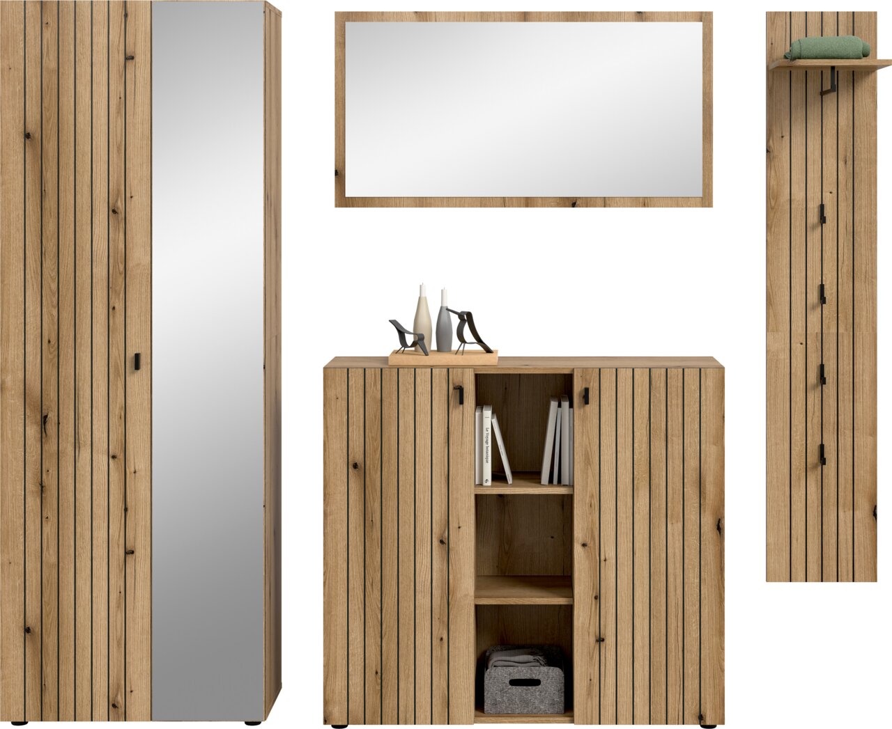 Badezimmermöbel-Set in natürlicher Holzoptik mit Hochschrank, Unterschrank und Wandspiegel, frontal dargestellt auf weißem Hintergrund