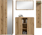 Badezimmermöbel-Set in natürlicher Holzoptik mit Hochschrank, Unterschrank und Wandspiegel, frontal dargestellt auf weißem Hintergrund