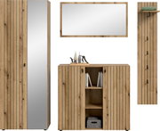 Badezimmermöbel-Set in natürlicher Holzoptik mit Hochschrank, Unterschrank und Wandspiegel, frontal dargestellt auf weißem Hintergrund