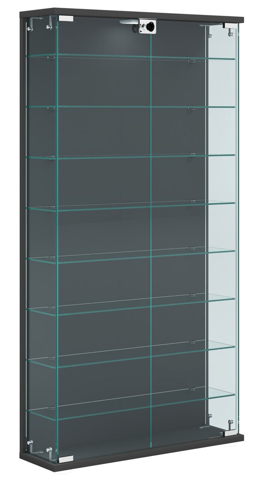 Hohe Glasvitrine mit schwarzem Rahmen und mehreren Glasböden, perspektivisch in leichter Frontansicht von links dargestellt