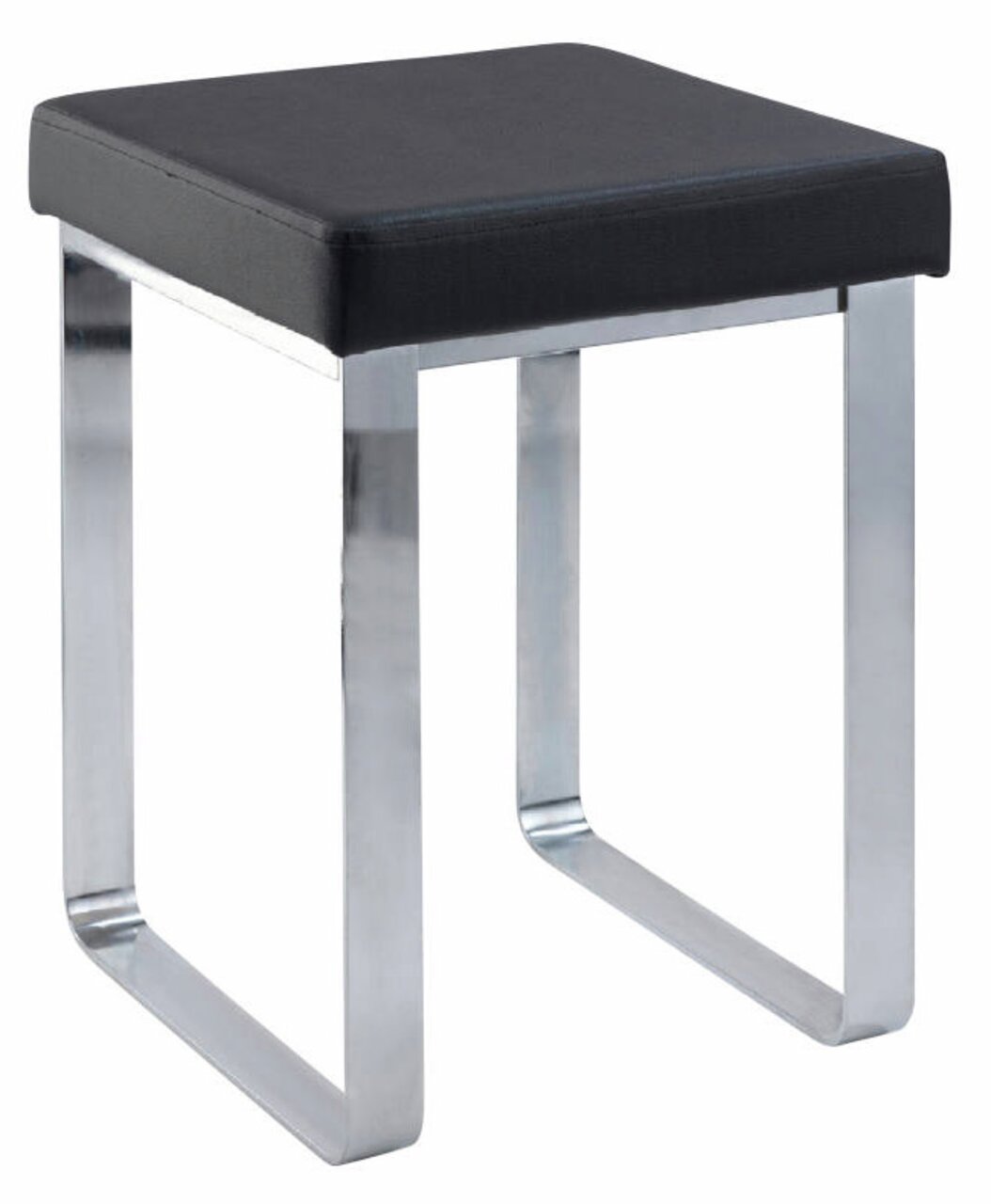 Moderner Badhocker mit schwarzem Sitzpolster und verchromtem Metallgestell, seitliche Perspektive