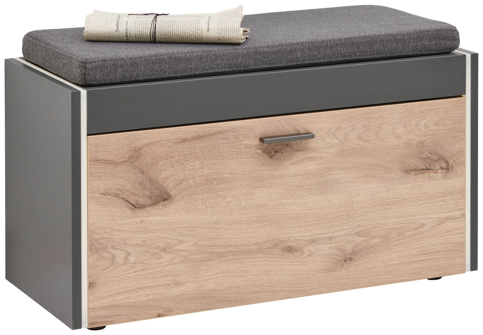 Garderobenbank mit grauem Sitzpolster und Holzfront, seitliche Perspektive