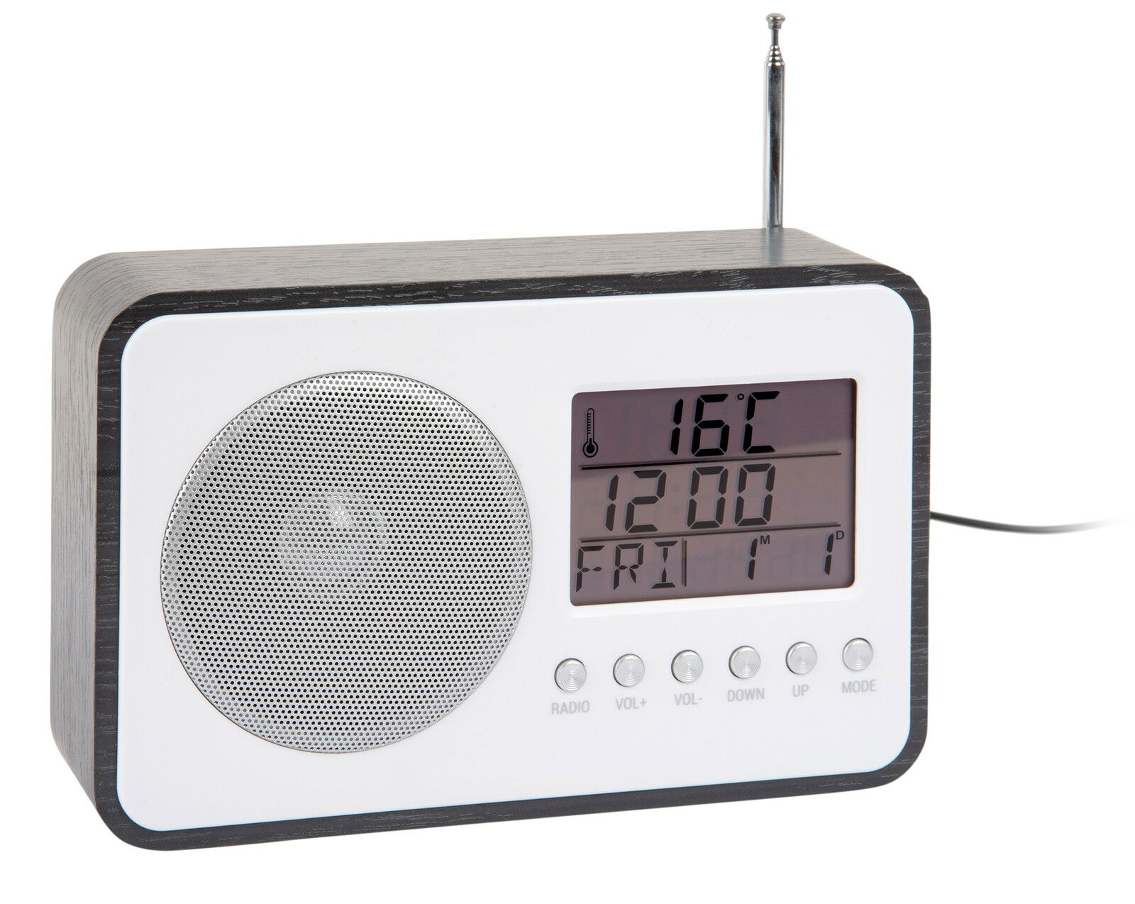 Digitaler Radio Wecker mit Temperaturanzeige und Lautsprechern, seitliche Perspektive