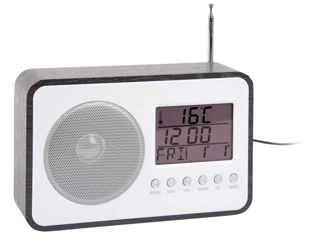 Digitaler Radio Wecker mit Temperaturanzeige und Lautsprechern, seitliche Perspektive