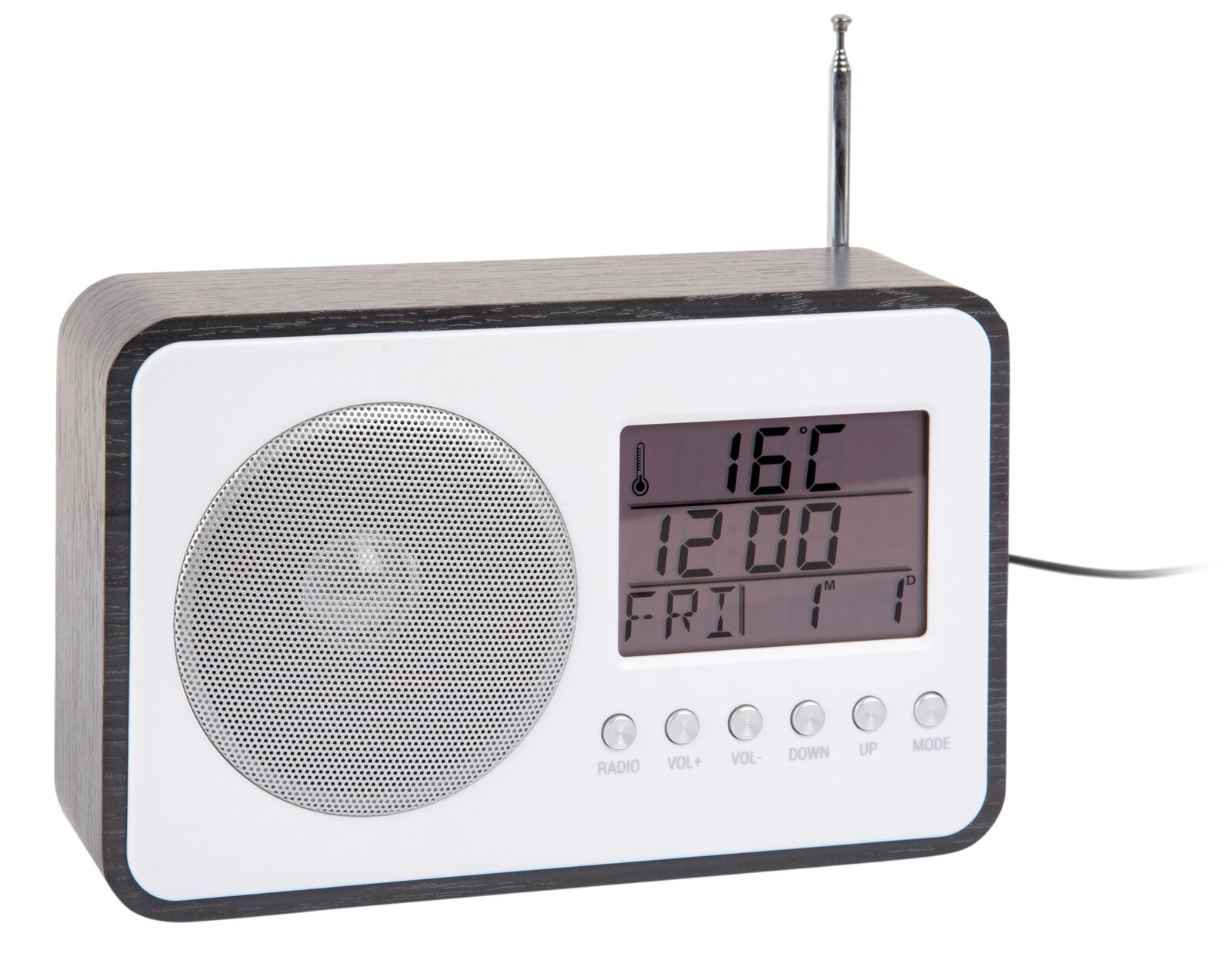 Digitale wekkerradio met temperatuurweergave en luidsprekers, zijaanzicht