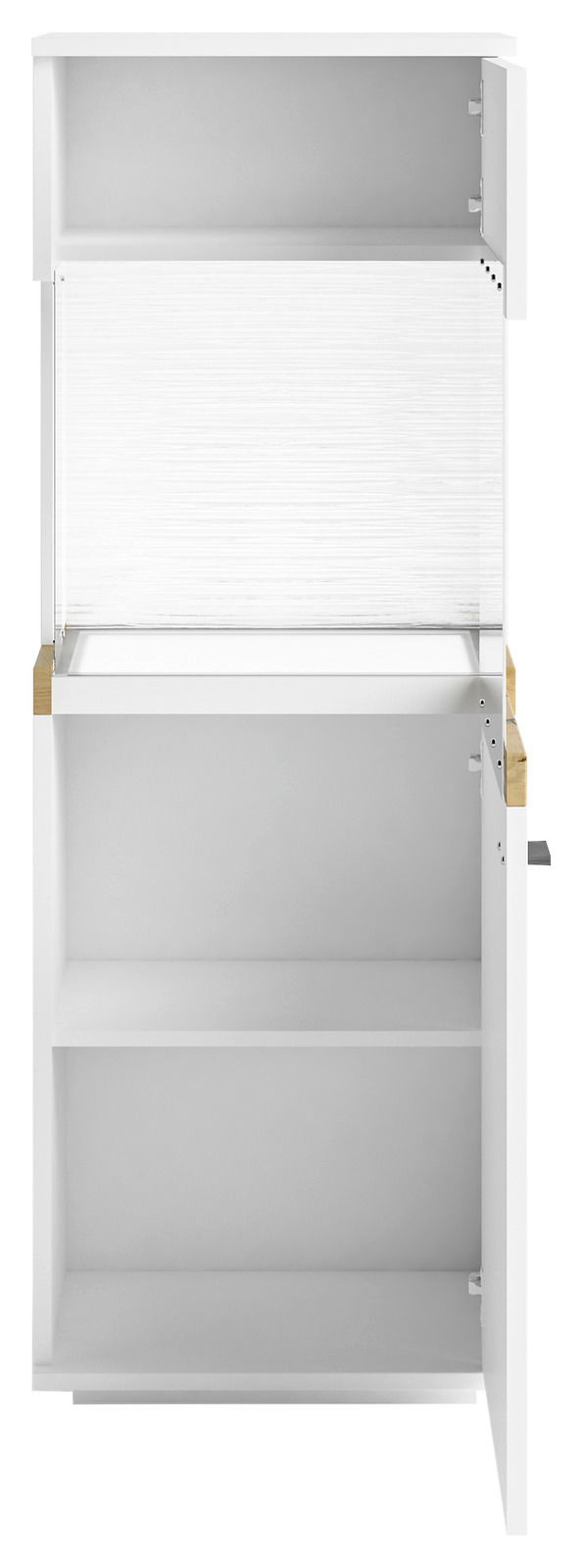 Set one by Musterring Vitrine rechts SET ONE LANCASTER Weiße Vitrine mit zwei offenen Türen, frontal betrachtet, mit mehreren Regalböden.