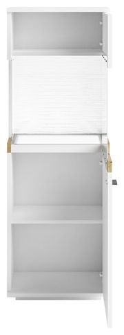 Weiße Vitrine mit zwei offenen Türen, frontal betrachtet, mit mehreren Regalböden.