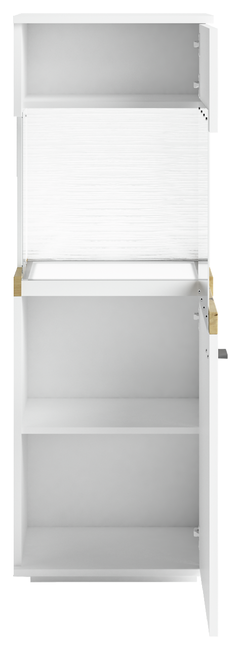 Set one by Musterring Vitrine rechts SET ONE LANCASTER Weiße Vitrine mit zwei offenen Türen, frontal betrachtet, mit mehreren Regalböden.