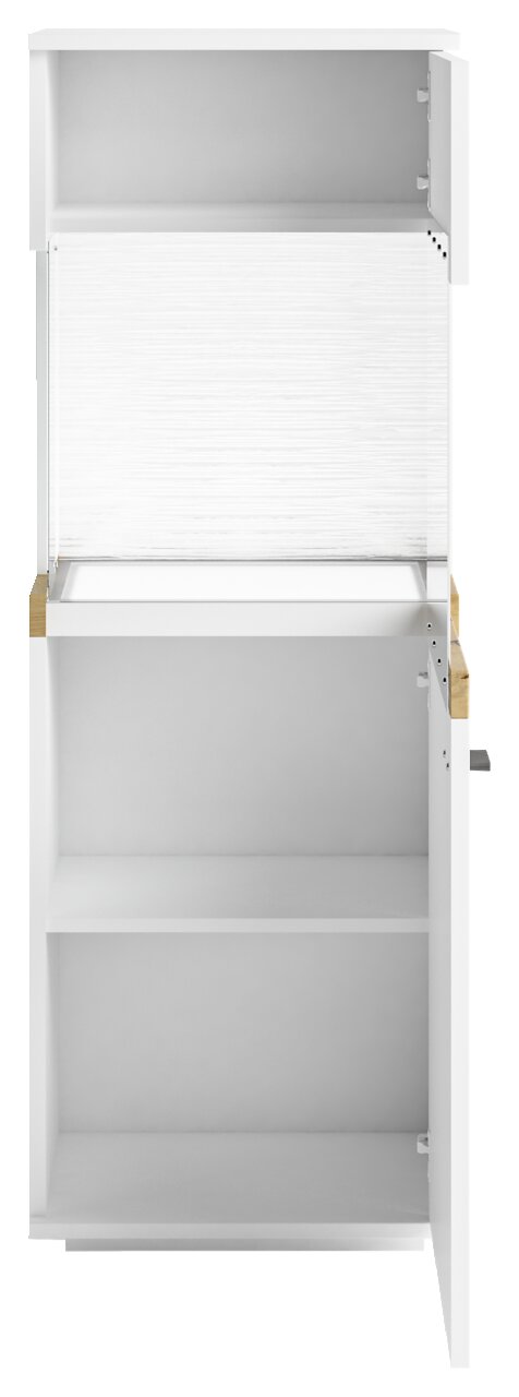 Weiße Vitrine mit zwei offenen Türen, frontal betrachtet, mit mehreren Regalböden.