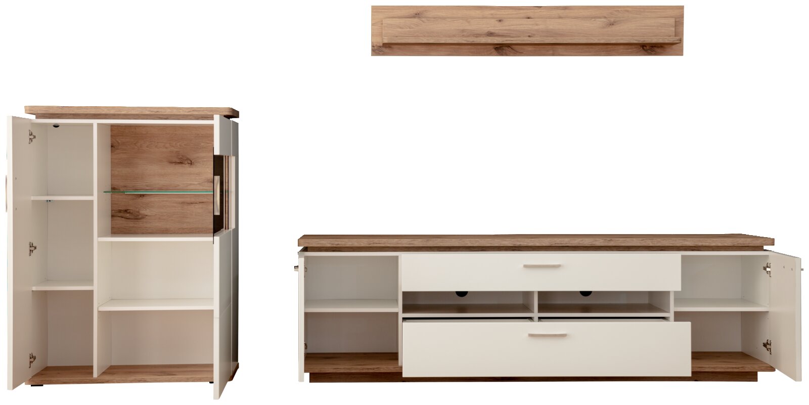 Open tv-lowboard en bijpassende vitrinekast/highboard in wit met afdekplaten in houtlook, vakken en lades, vooraanzicht vanuit een lichte schuine hoek