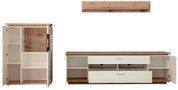 Open tv-lowboard en bijpassende vitrinekast/highboard in wit met afdekplaten in houtlook, vakken en lades, vooraanzicht vanuit een lichte schuine hoek