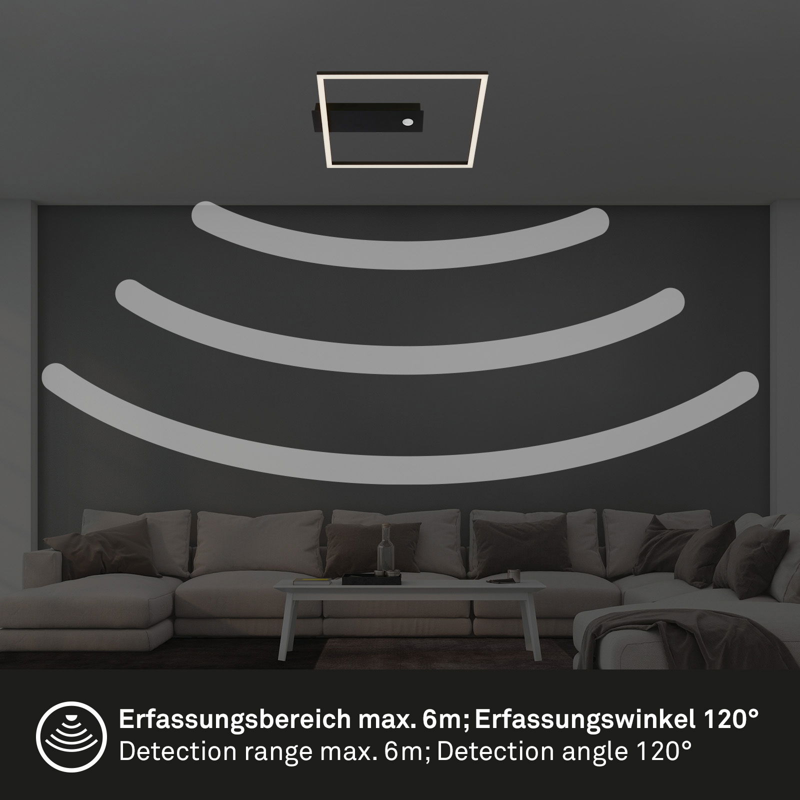LED Deckenleuchte mit Sensor in einem modernen Wohnzimmer, von unten betrachtet. Erfassungsbereich bis zu 6 Meter und Erfassungswinkel von 120 Grad.
