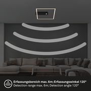 LED Deckenleuchte mit Sensor in einem modernen Wohnzimmer, von unten betrachtet. Erfassungsbereich bis zu 6 Meter und Erfassungswinkel von 120 Grad.