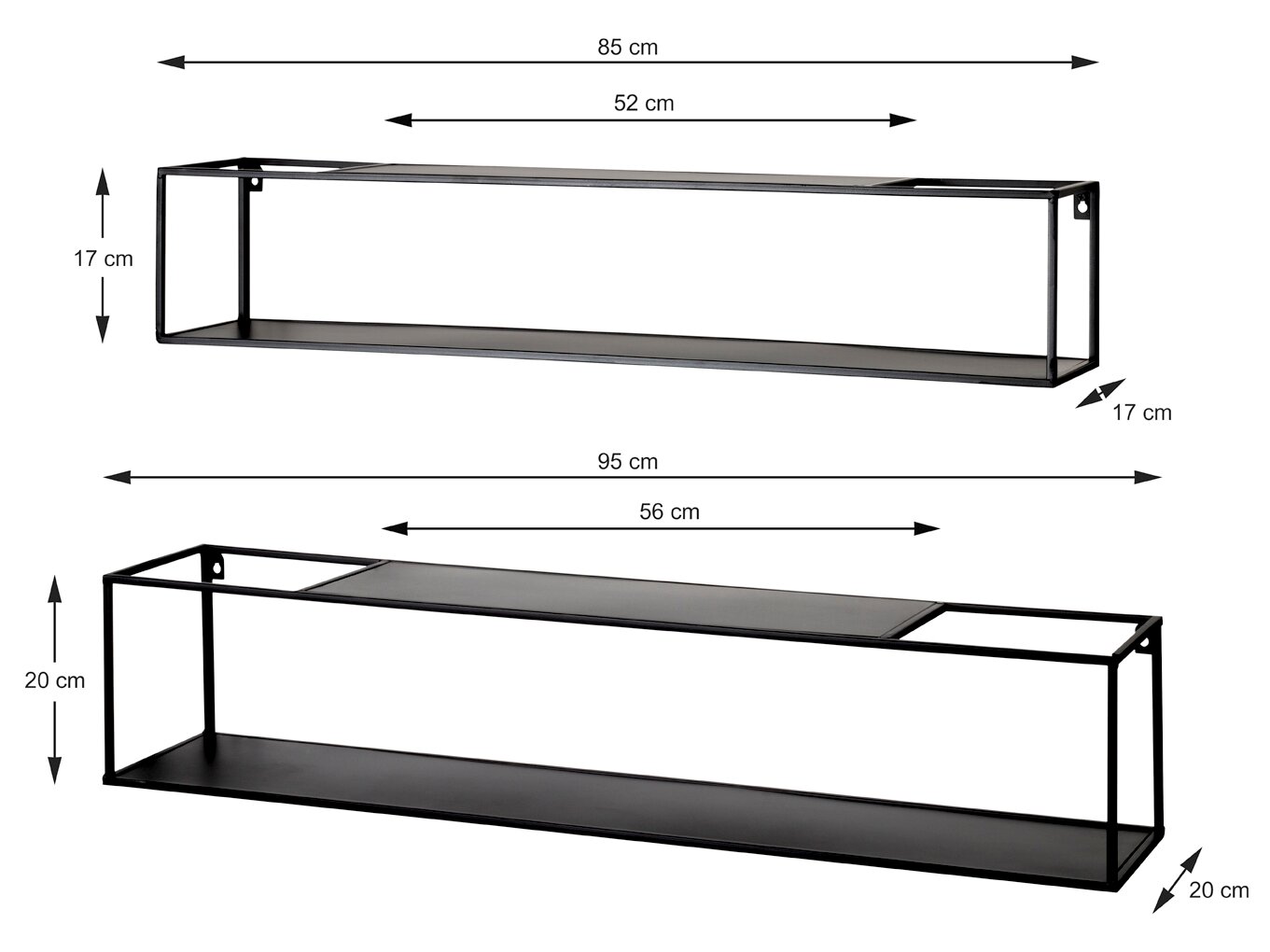 Schwarzes rechteckiges Metall-Wandregal mit zwei Ablageflächen, gezeigt in schräger Frontansicht; oben 85 x 17 cm und unten 95 x 20 cm, mit eingezeichneten Maßangaben.