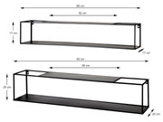 Schwarzes rechteckiges Metall-Wandregal mit zwei Ablageflächen, gezeigt in schräger Frontansicht; oben 85 x 17 cm und unten 95 x 20 cm, mit eingezeichneten Maßangaben.