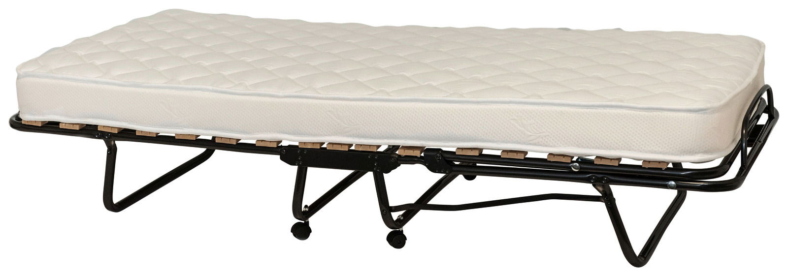 Gästebett mit weißer Matratze auf schwarzem Metallgestell, seitliche Perspektive