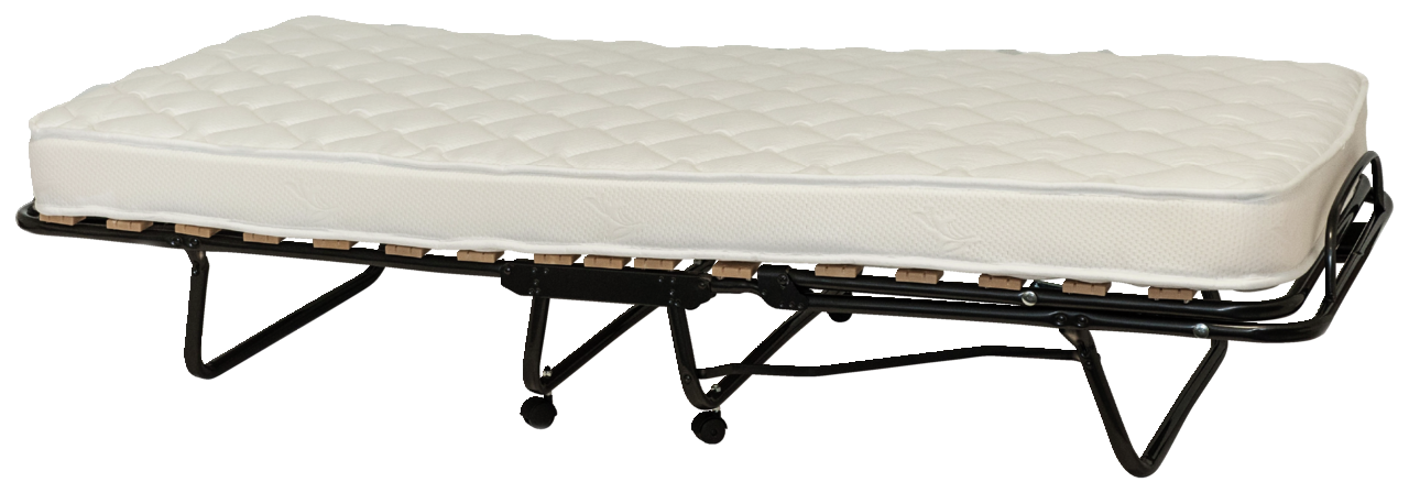 Gästebett mit weißer Matratze auf schwarzem Metallgestell, seitliche Perspektive