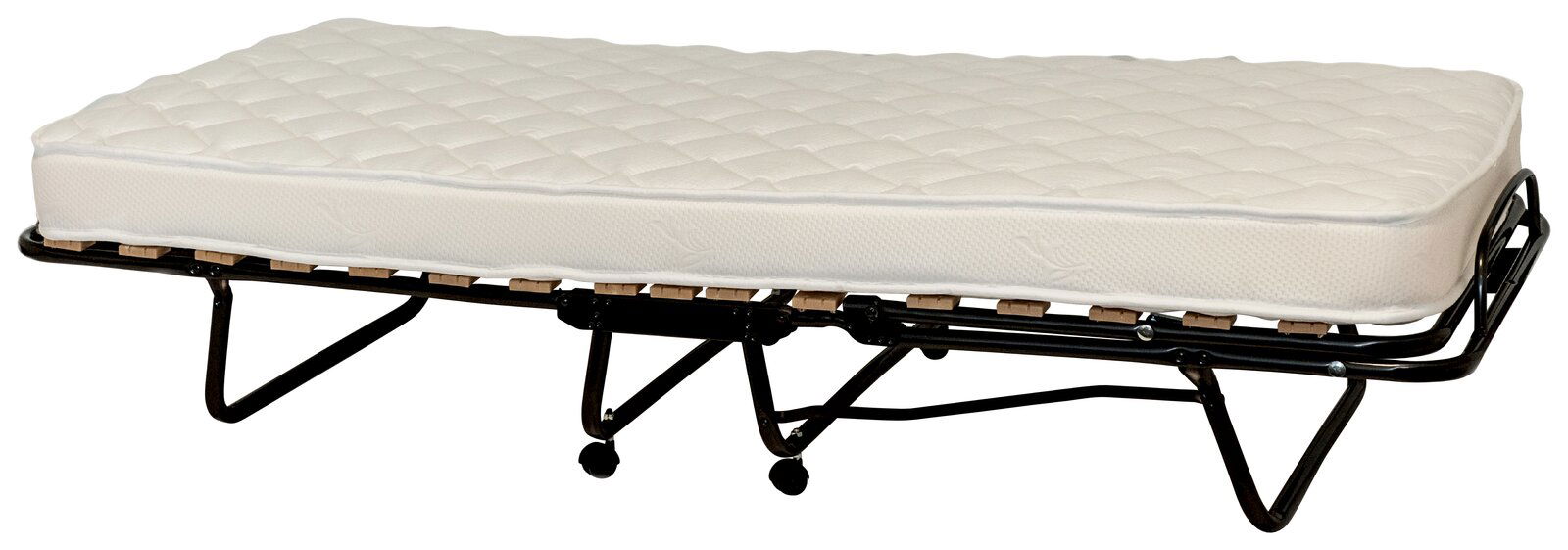 Gästebett mit weißer Matratze auf schwarzem Metallgestell, seitliche Perspektive