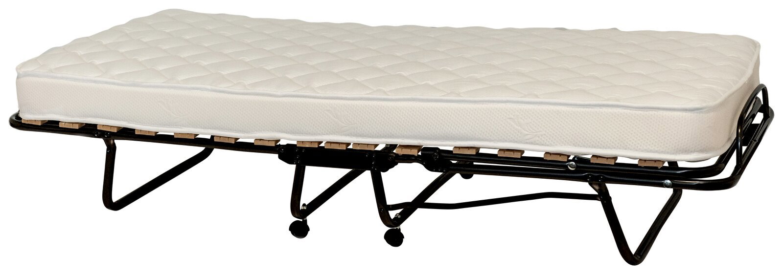 Gästebett mit weißer Matratze auf schwarzem Metallgestell, seitliche Perspektive